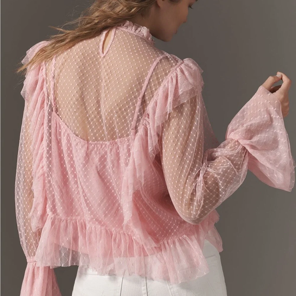 NWT Anthropologie Pink Ruffle Longsleeve Top - Picture 2 of 3